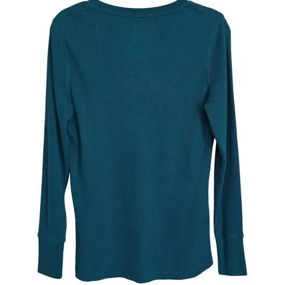 NWOT Natural Reflections Womens Sz M Teal Waffle Knit Henley Y2K 90s Grunge Top - Picture 2 of 10